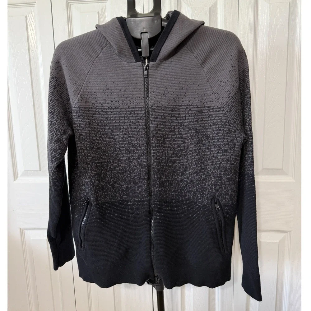 Unbranded Mens Grey Black Ombre Pixelated Textured Full Zip Hooded Sweater M